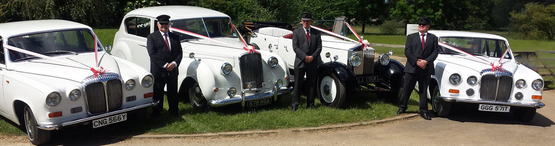 Four classic and vintage cars in white parked next to each others with matching red and white ribbons and bows with three fully uniformed chauffeurs standing in-between the vehicles.