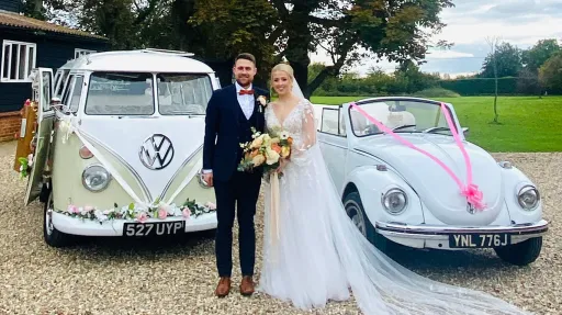 Pair of Retro VW Campervan & Beetle in White at a wedding in Herefordshire