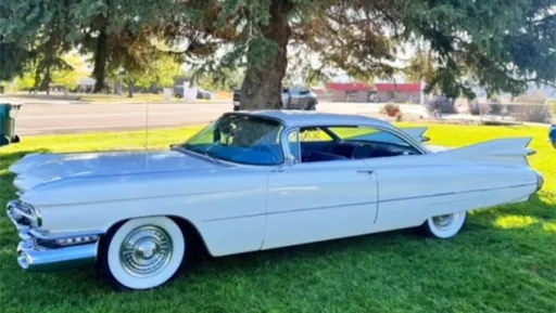 White American Cadillac with whitewall tires under a tree in Wiltshire