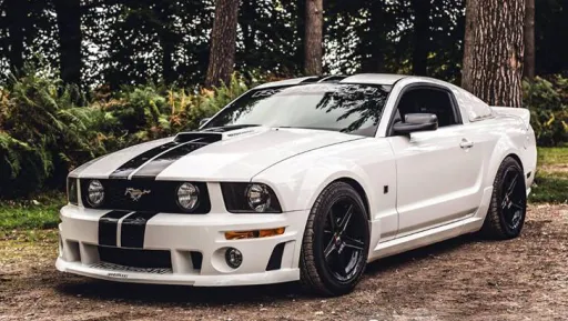 White Ford Mustang GT with Black Striped across the bonnet and roof.