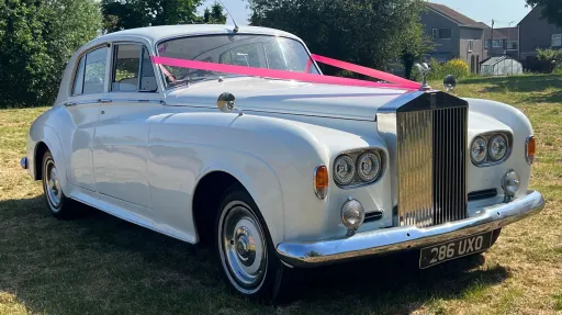 White Rolls-Royce Silver Cloud with pink ribbons in a park in Somerset.