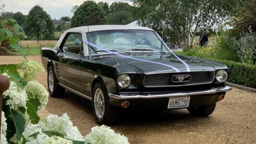 Classic Green Ford Mustang with White ribbons and white roof decorated with ribbons