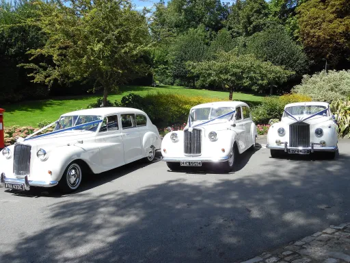 Three White Classic Cars at Mote Park in Maidstone, Kent. Each vehicles are decorated with White Ribbons accross the bonnet. Left and middle Vehicles are Austin Princess Limousine