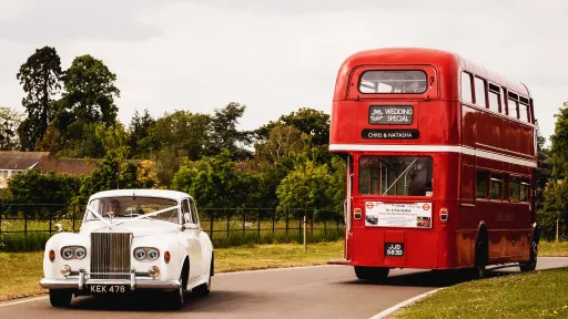 Classic Rolls-Royce with Red Routemaster Bus on wedding duties