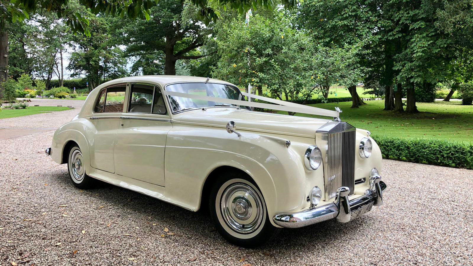 Ivory classic Rolls-Royce Silver Cloud dressed with a traditional V-shape ivory ribbons across its front bonnet. Vehicle is standing in the middle of a path in a London Park.
