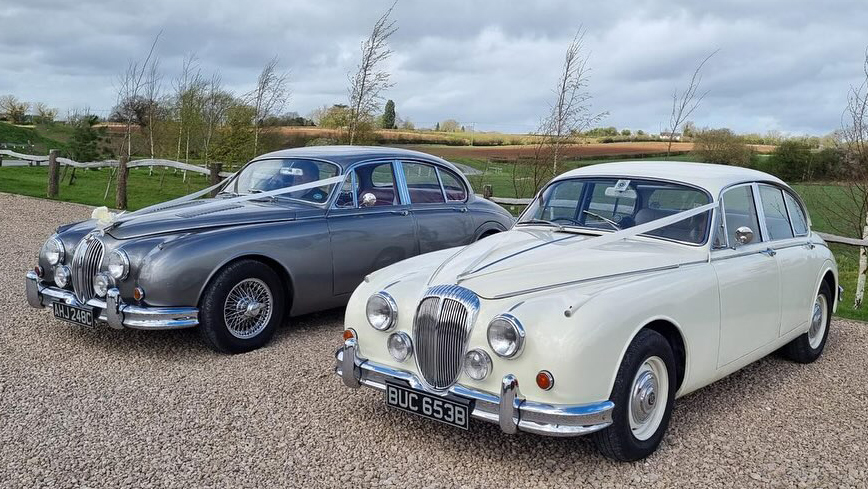 A classic Daimler in Ivory and Classic Jaguar Mk2 in silver parked next to each others with matching set of white ribbons