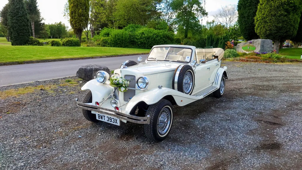 1930s style Convertible Beauford in White with Roof open