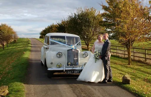 Classic Austin Princess Limousine dressed with baby blue ribbons standing behind the newly wed couple.  Bride holds her bridal flowers in her hands