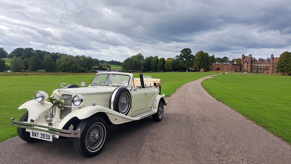 Vintage style Beauford in Cream with Ribbons hired for wedding in Chippenham