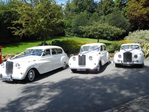 Three White Classic Cars at Mote Park in Maidstone, Kent. Each vehicles are decorated with White Ribbons across the bonnet. Left and middle Vehicles are Austin Princess Limousine