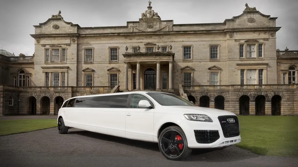 White Audi Stretched Limousine in front of wedding venue
