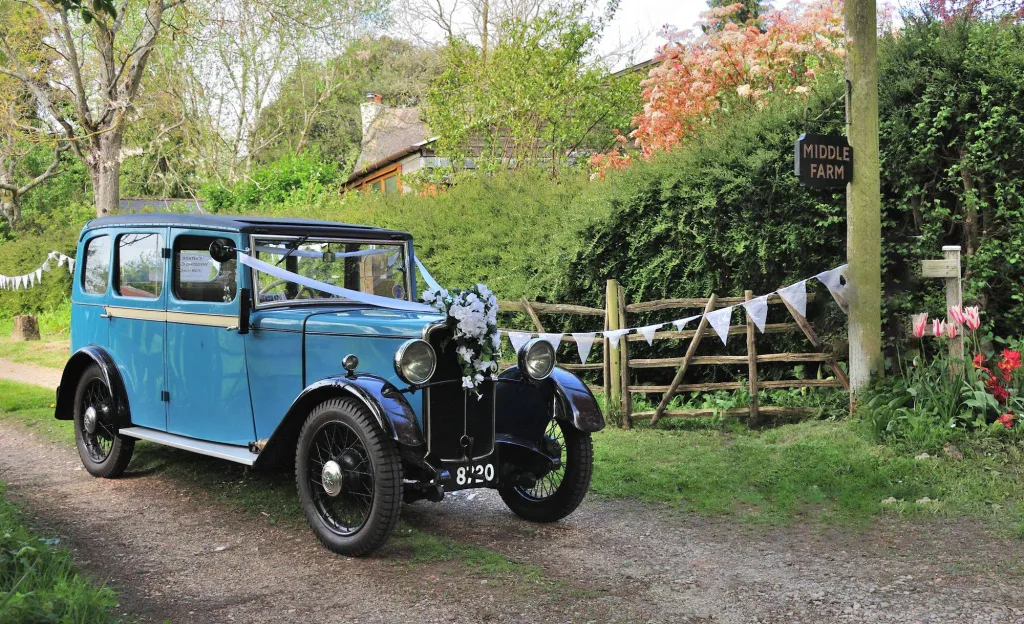 Blue Vintage Jowett Wedding Car for hire