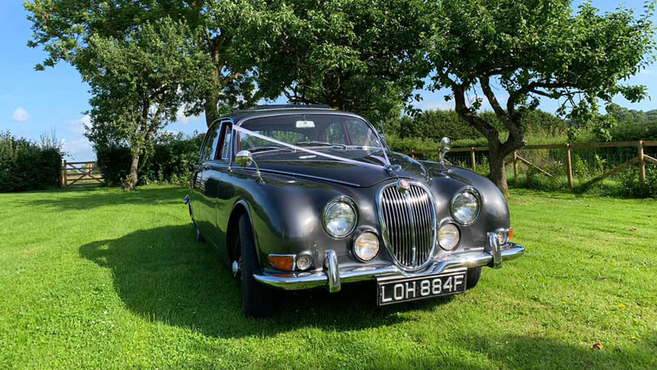 Grey Classic Jaguar Mk2 in a green field