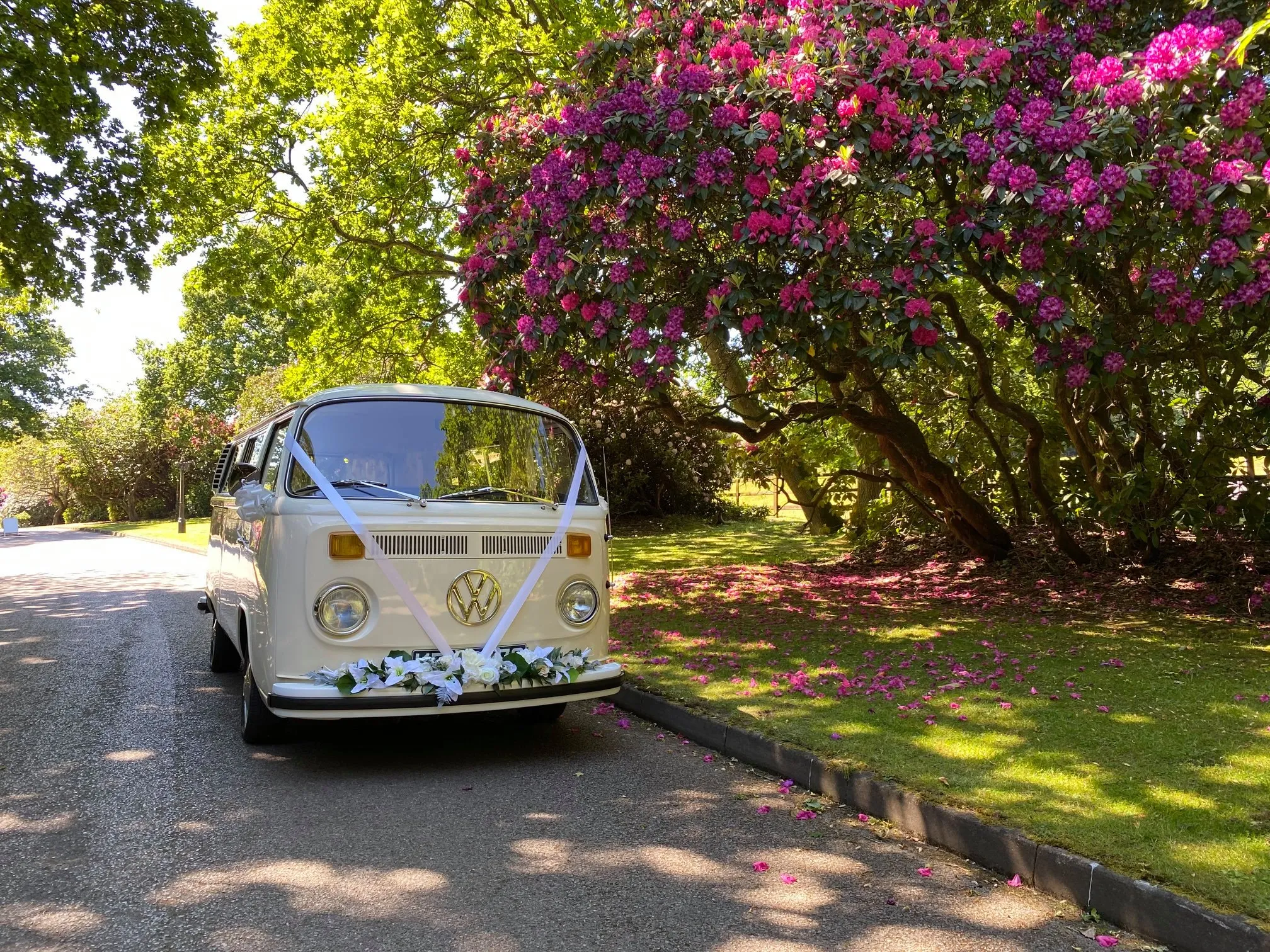 Classic Ivory Campervan next to groom foliage and colourful spring flowers. VW Campervan is dressed with wedding ribbons