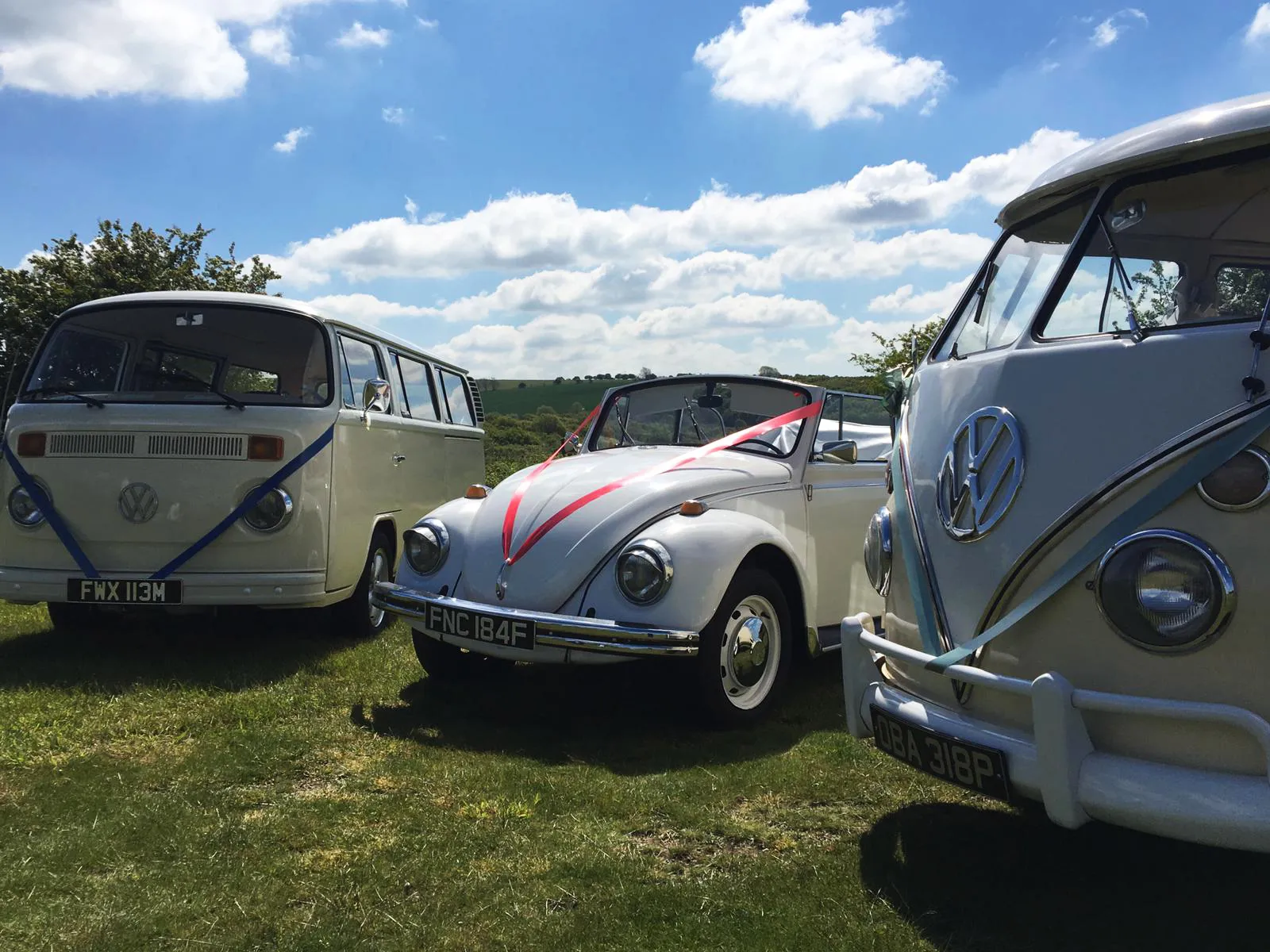 Two Campervans and one Beetle Convertible in a green field attending a bohemian wedding. All 3 vehicles have matching wedding ribbon decoration in White