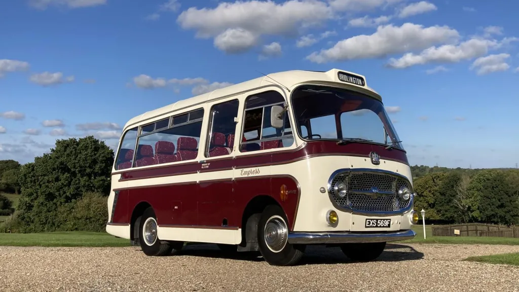 Classic Single Decker Bedford Bus in White and Burgundy