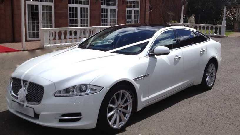 White Modern Jaguar XJ fromt view decorated with pale pink ribbons and bow accross its front bonnet.