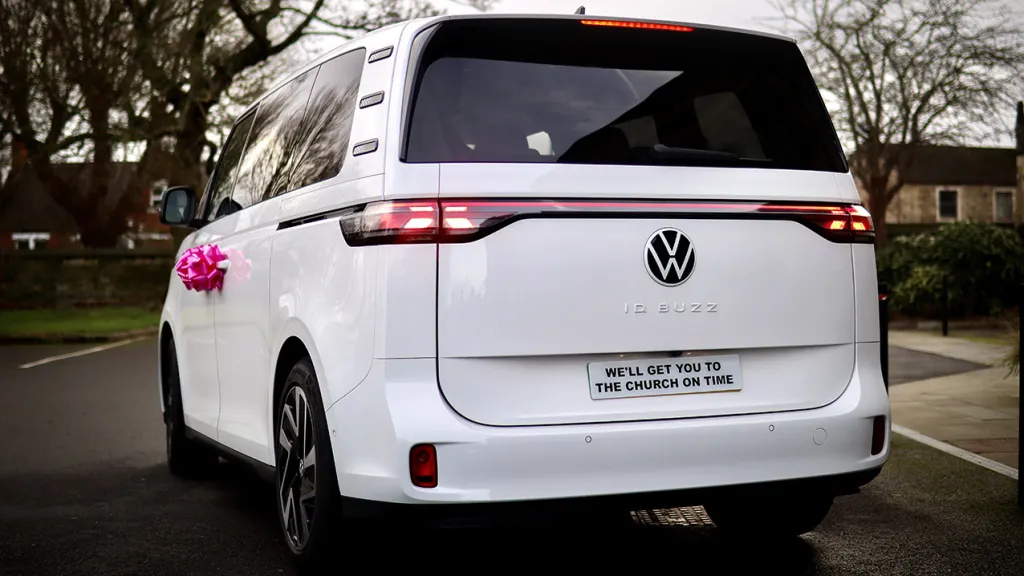 Rear view of an Electric VW Campervan in White