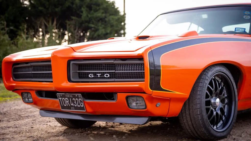 Close Up side front view showing the famous Pontiac grill and the GTO sign