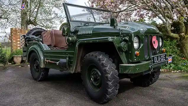 Front side view of Austin Champ Jeep in Army Khaki Colour