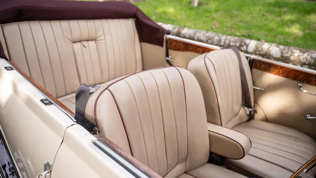 Aerial view of Cream Leather seats with burgundy pipping
