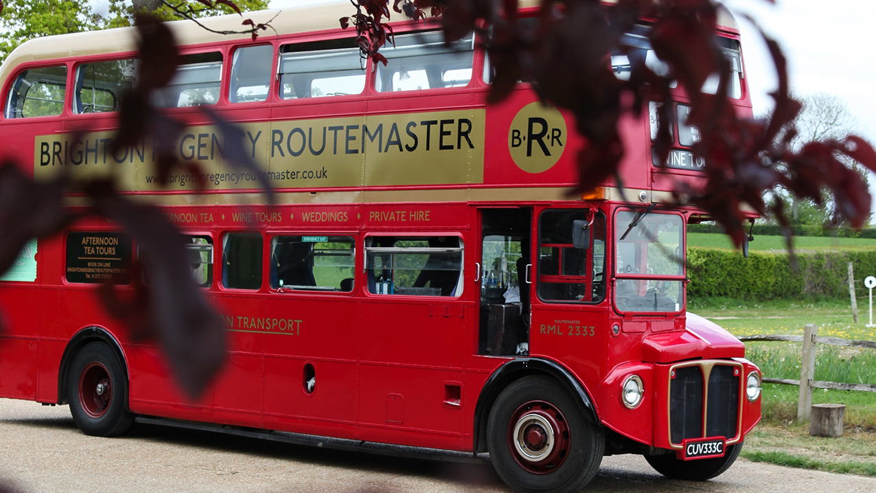Red Routemaster bus in country side with green background