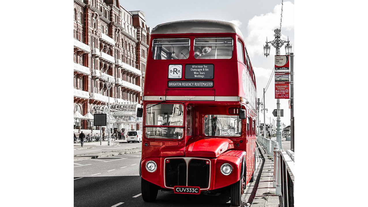 Full front view of red double decker routemaster bus