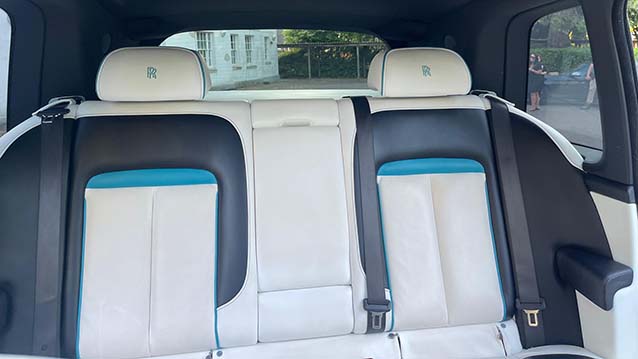 rear seats in White with Turquoise Blue Pipping