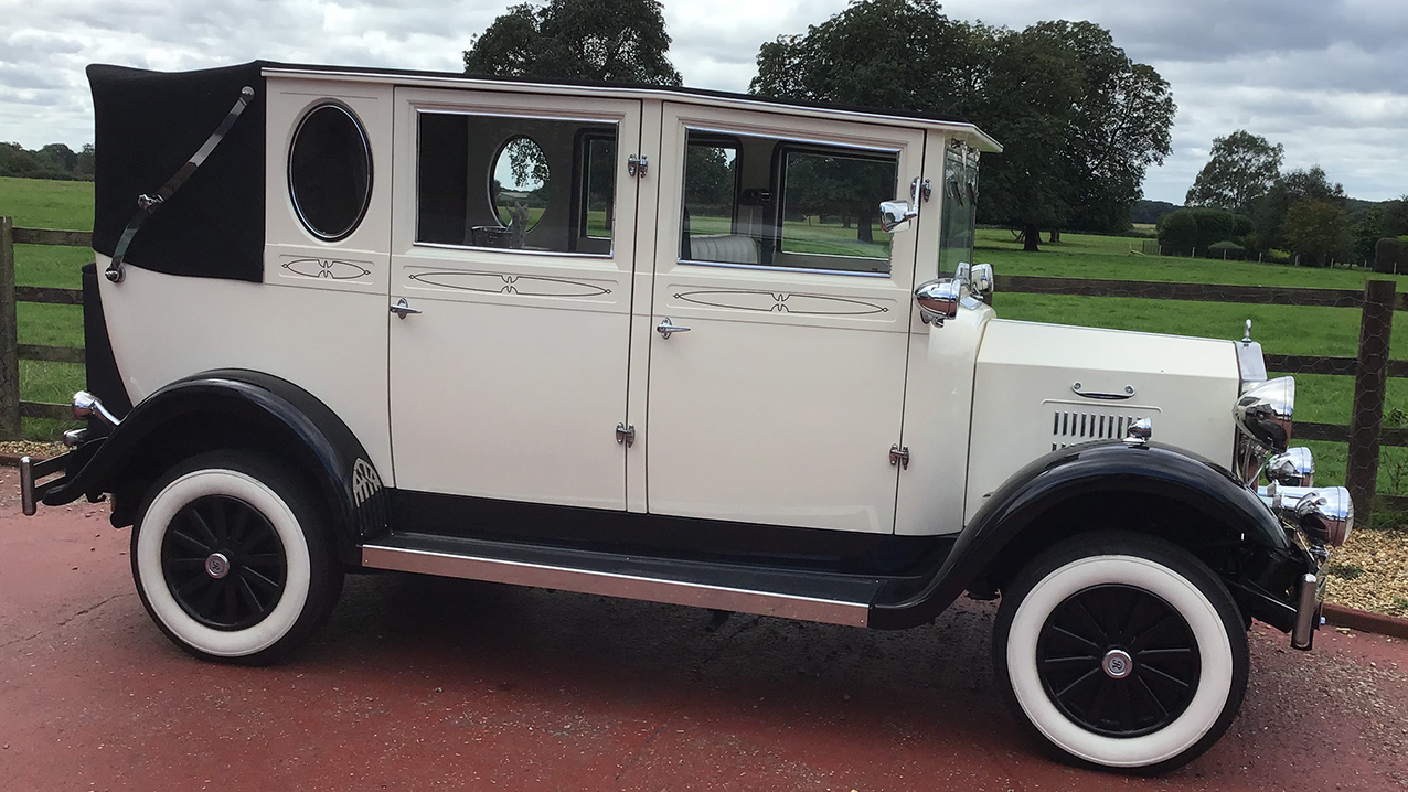 Side view of Vintage Bramwith Landaulette showing the Black Soft Top Convertible Roof