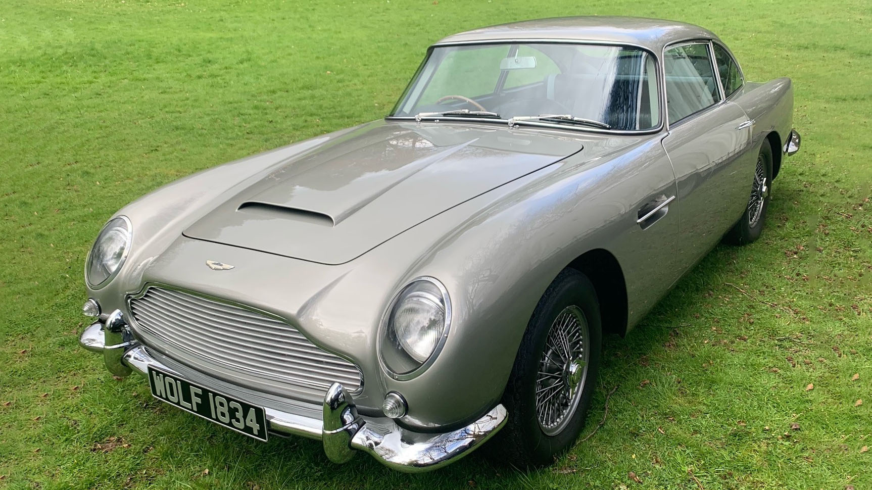 Classic Aston Martin DB5 in Silver standing in the middle of a green field