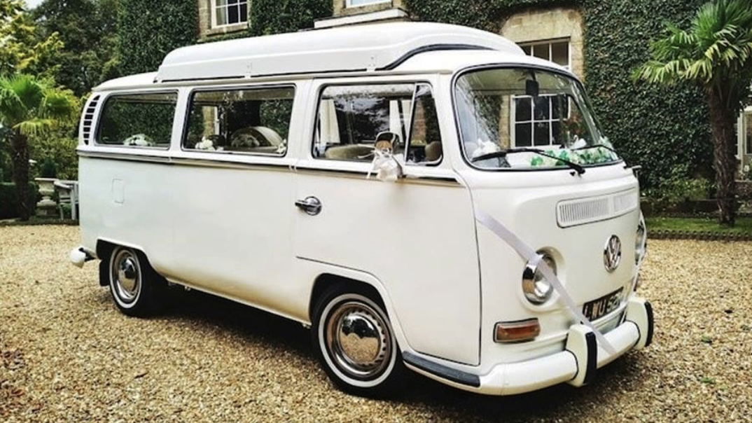 Classic Volkswagen Baywindow Campervan decorated with White Ribbons