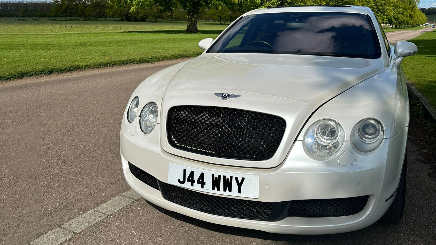 Front view of a Modern White Bentley with large Grill in Black and Benltey Badge on top of the bonnet. Green Grass park in the beackground