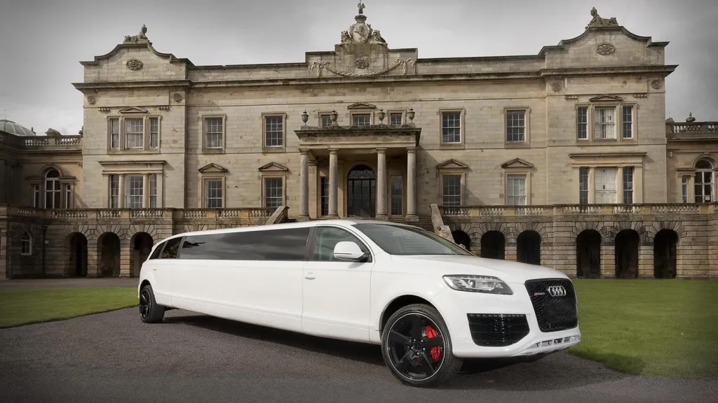 White Audi Q7 Stretched Limousine in front of a castle style wedding venue