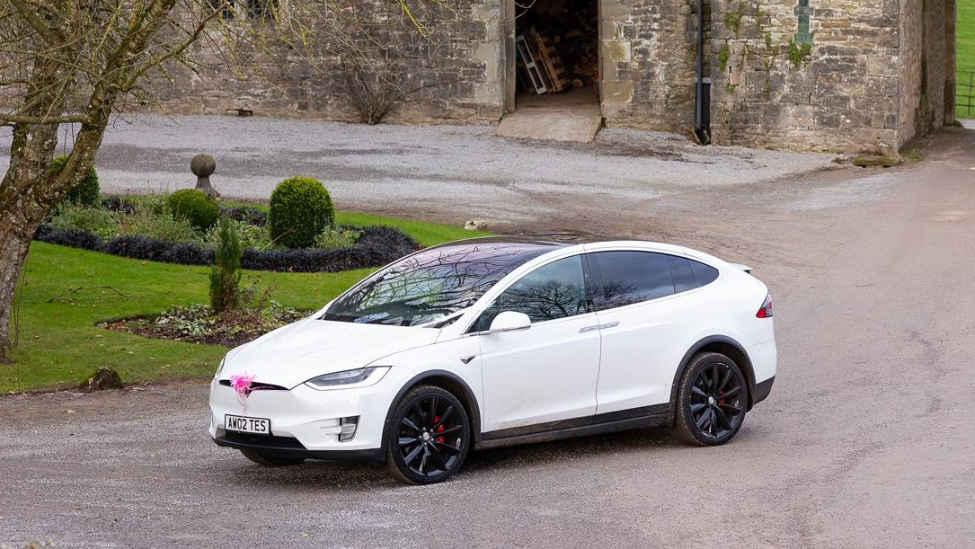 Side view of Tesla X decorated with white ribbons across its bonnet and a pale pink bow at the front.