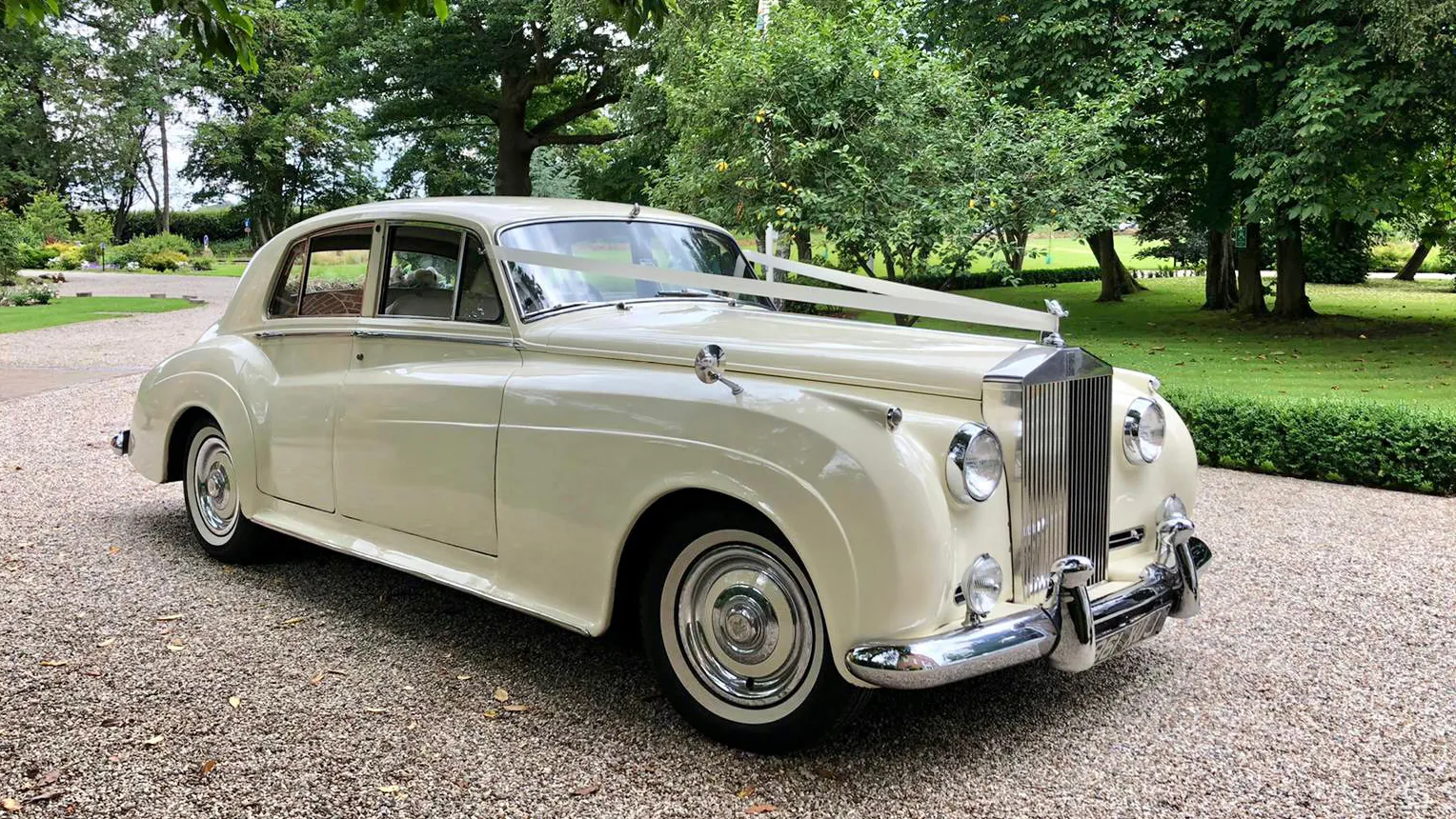 Classic Rolls-Royce Silver Cloud decorated with Ivory Ribbons at a local Stevenage park with green trees in the background