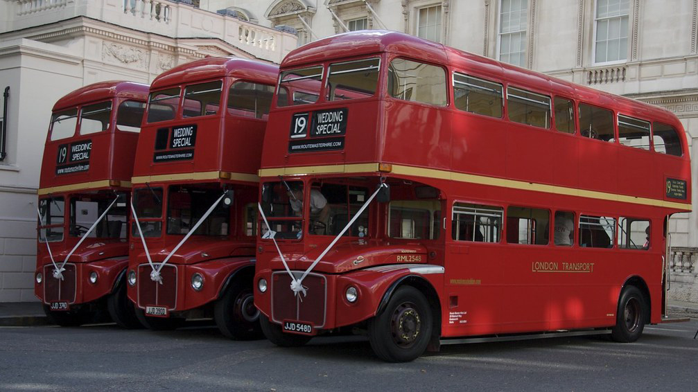 Three identical 72-seats Routemaster buses decorated with White Ribbons parked side-by-side