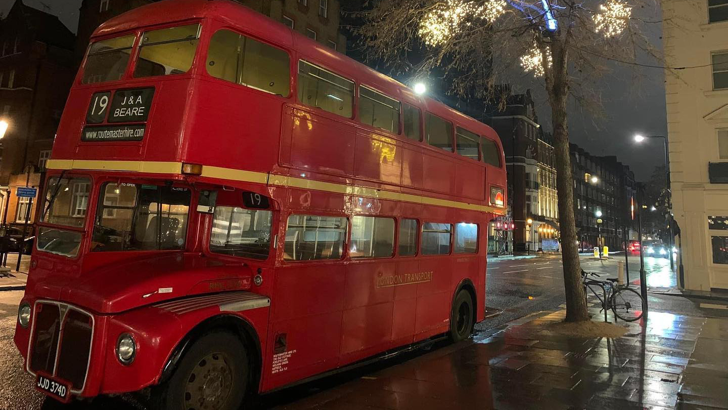 Left side of Bis Red Bus in London by night