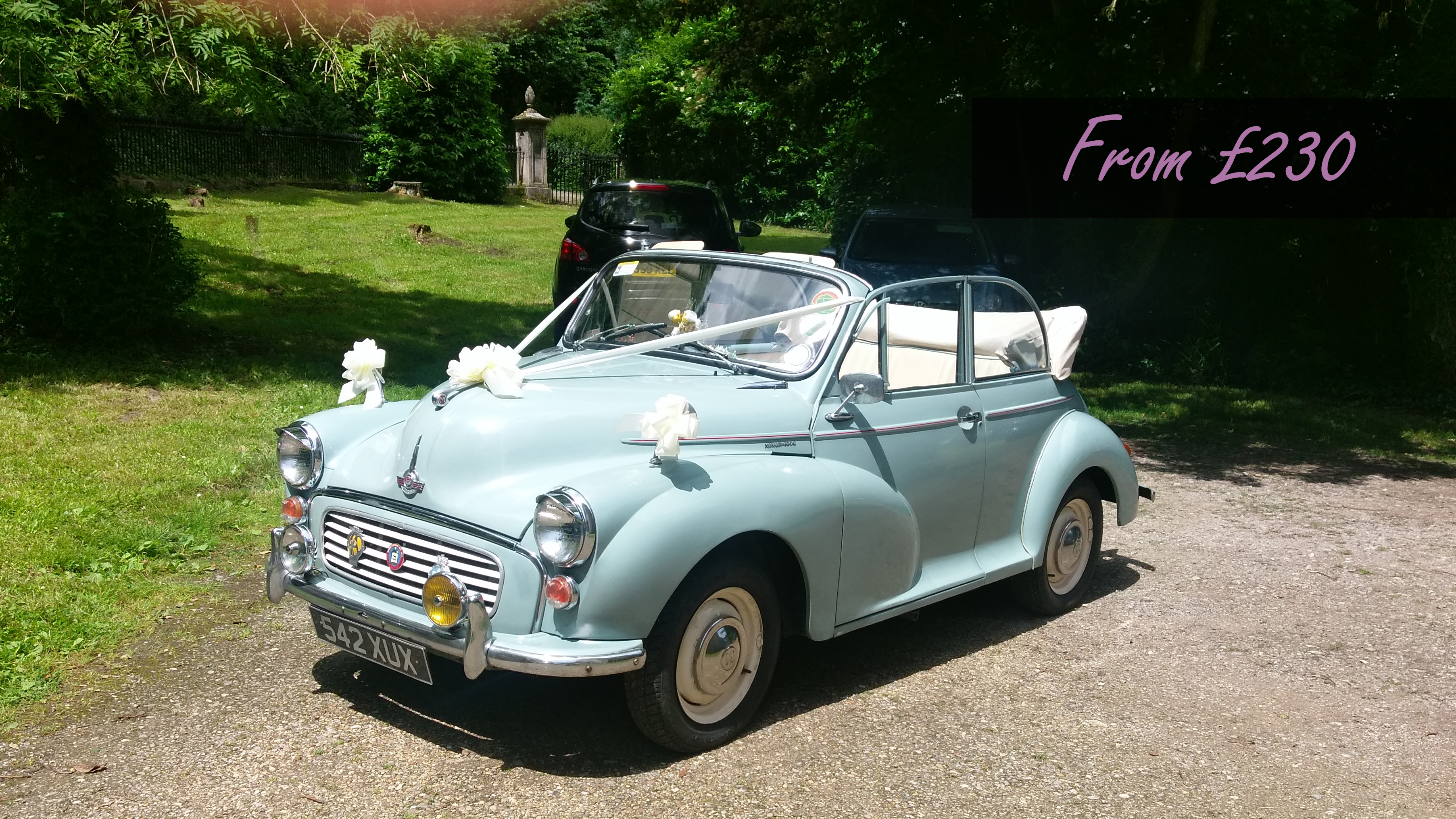 Classic Morris Minor Convertible in pale blue decorated with traditional White Ribbons and bows showing a low price of £230.