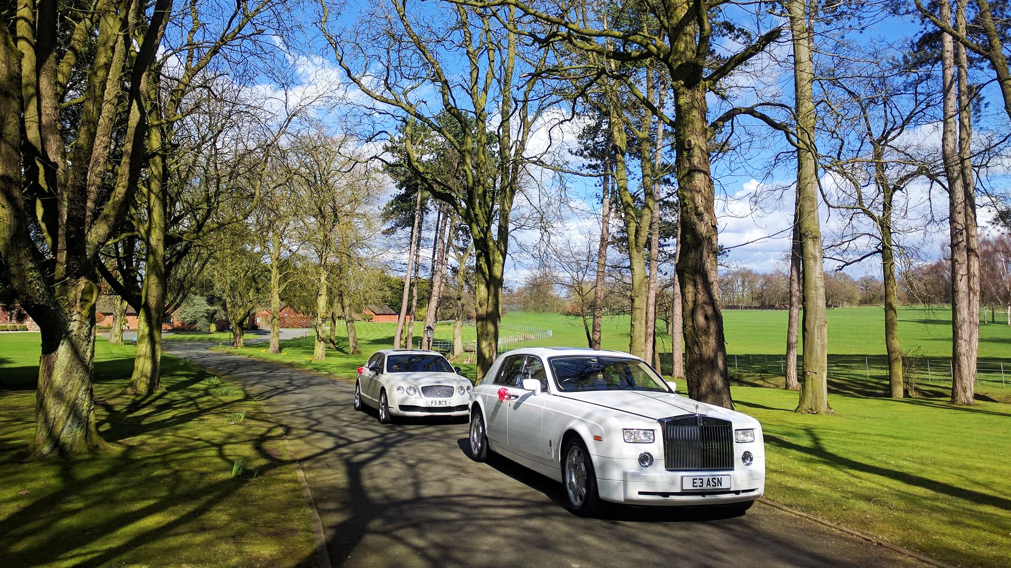 A white modern Rolls-Royce phantom followed by a white limousine decorated with matching red bows entering a long drive of a wedding venue.