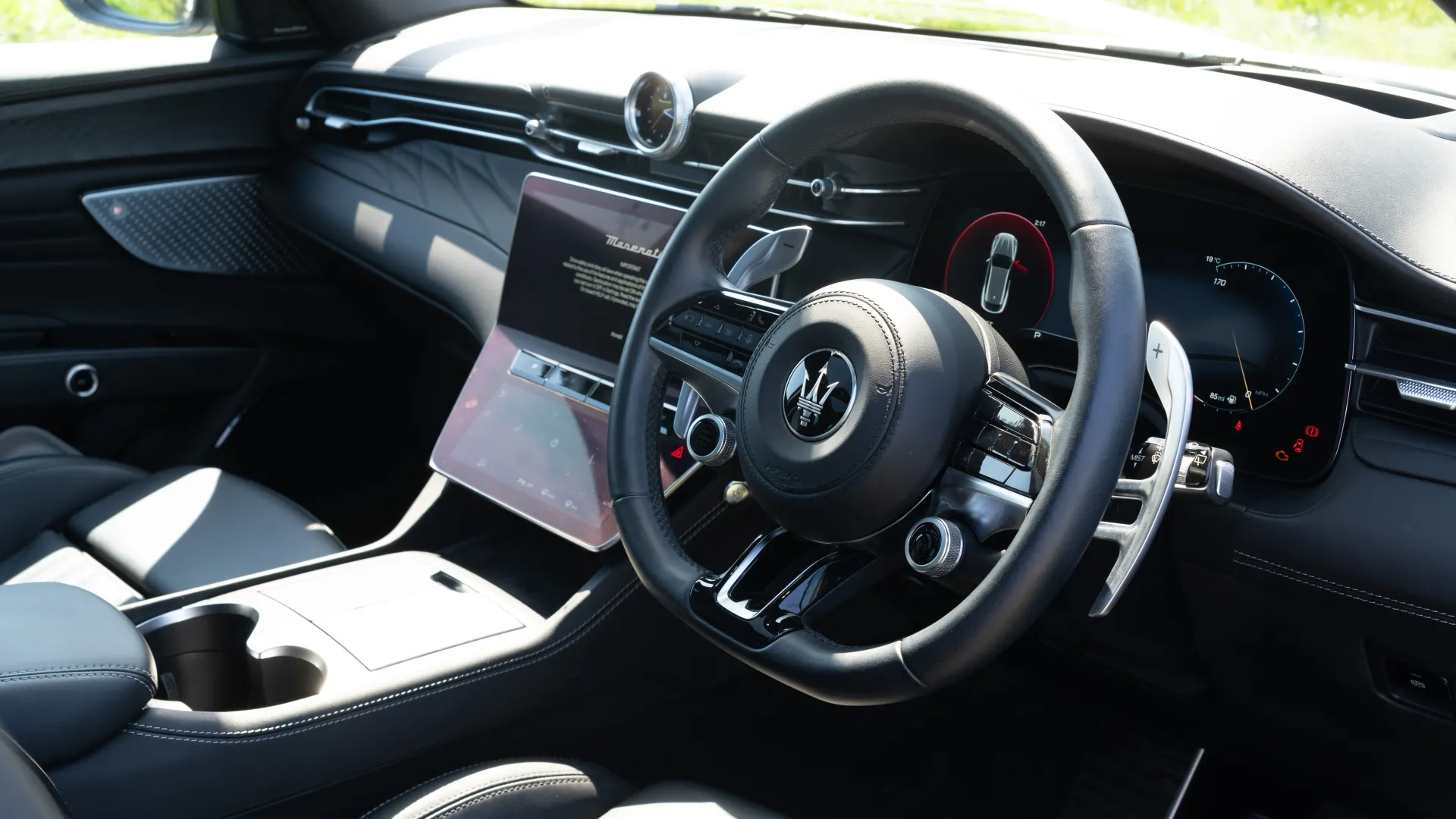 Front Dashboard view in White Maserati Grecale