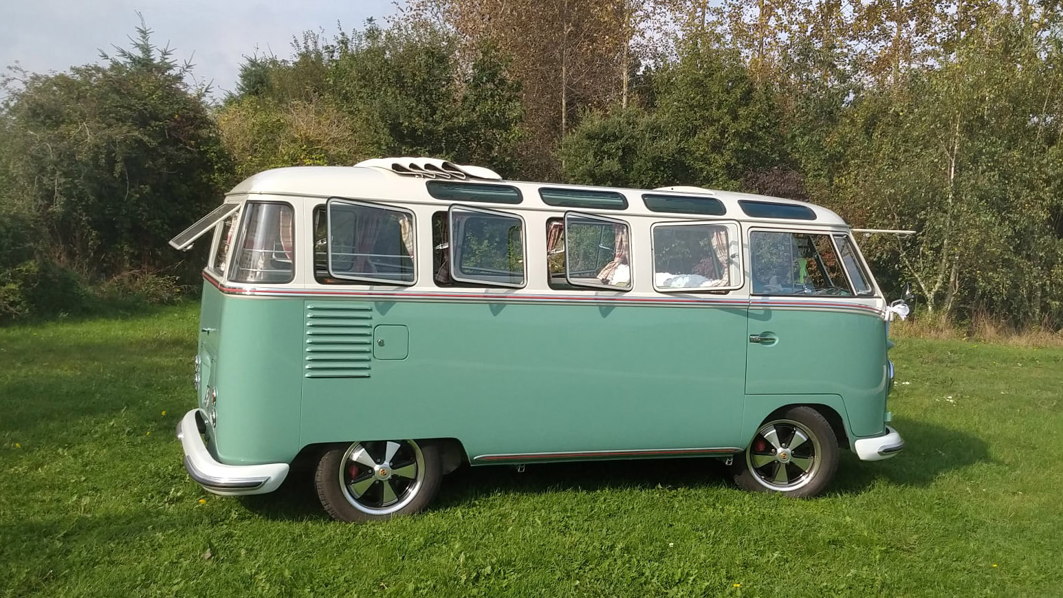 Left side view of campervan in a green field