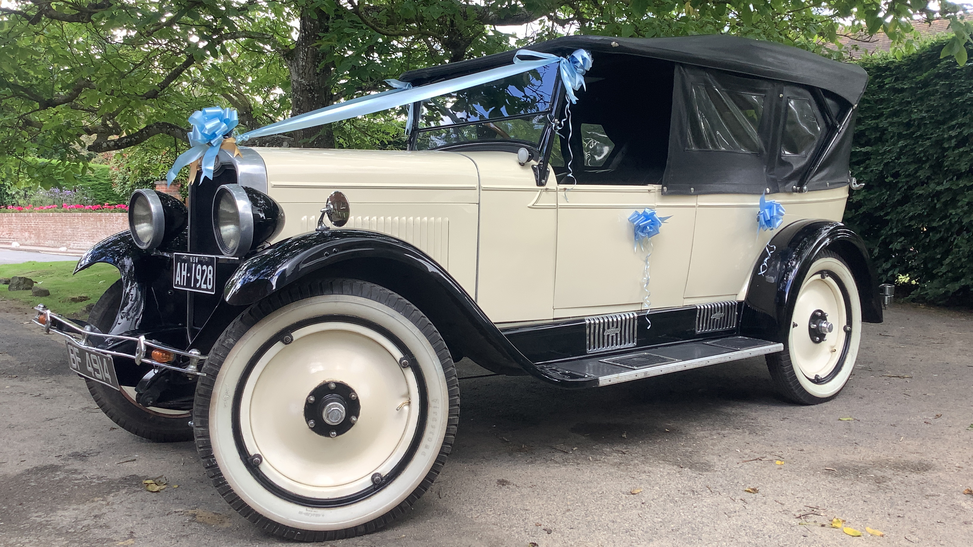 Left view of Vintage Chevrolet in ivory with plain ivory wheels decorated with baby blue ribbons and bow