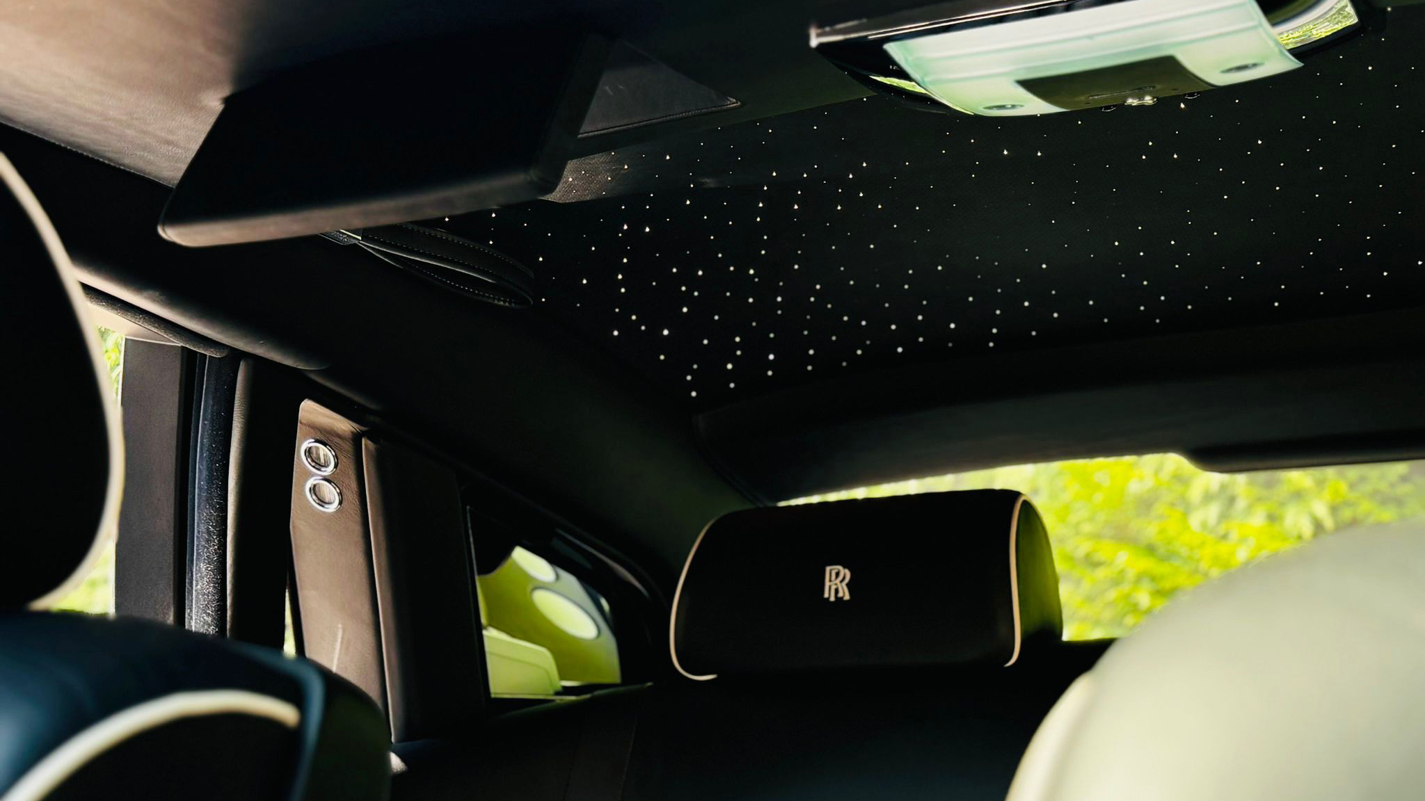 interior view of Rolls-Royce Phantom in silver roof skylight