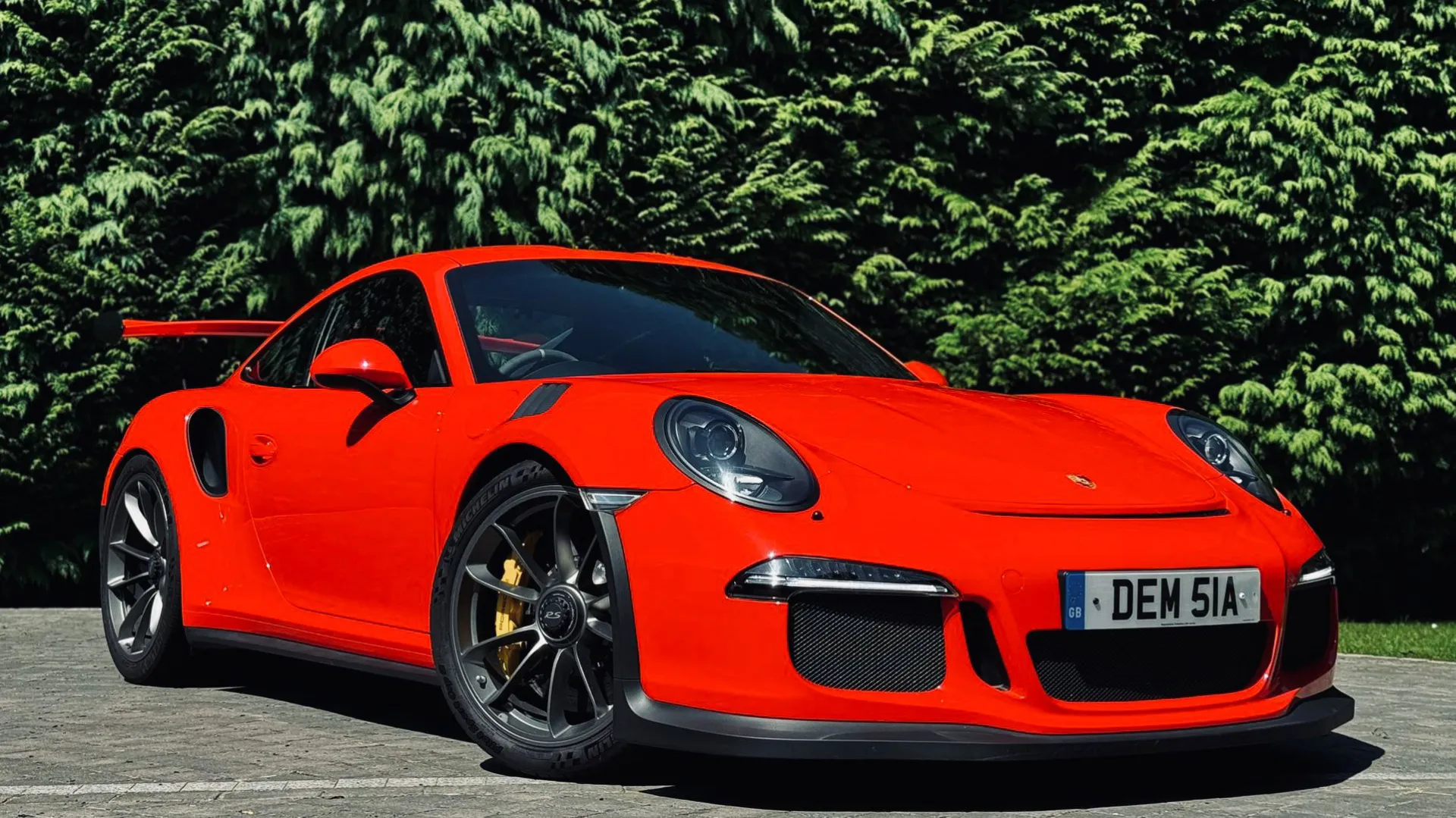 Front right view of Red Porsche GT3 RS