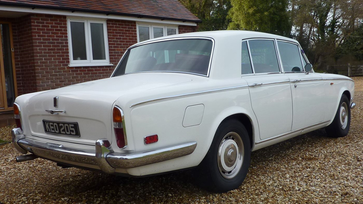 Rear view of Classic Rolls-Royce Silver Shadow with chrome rear bumper