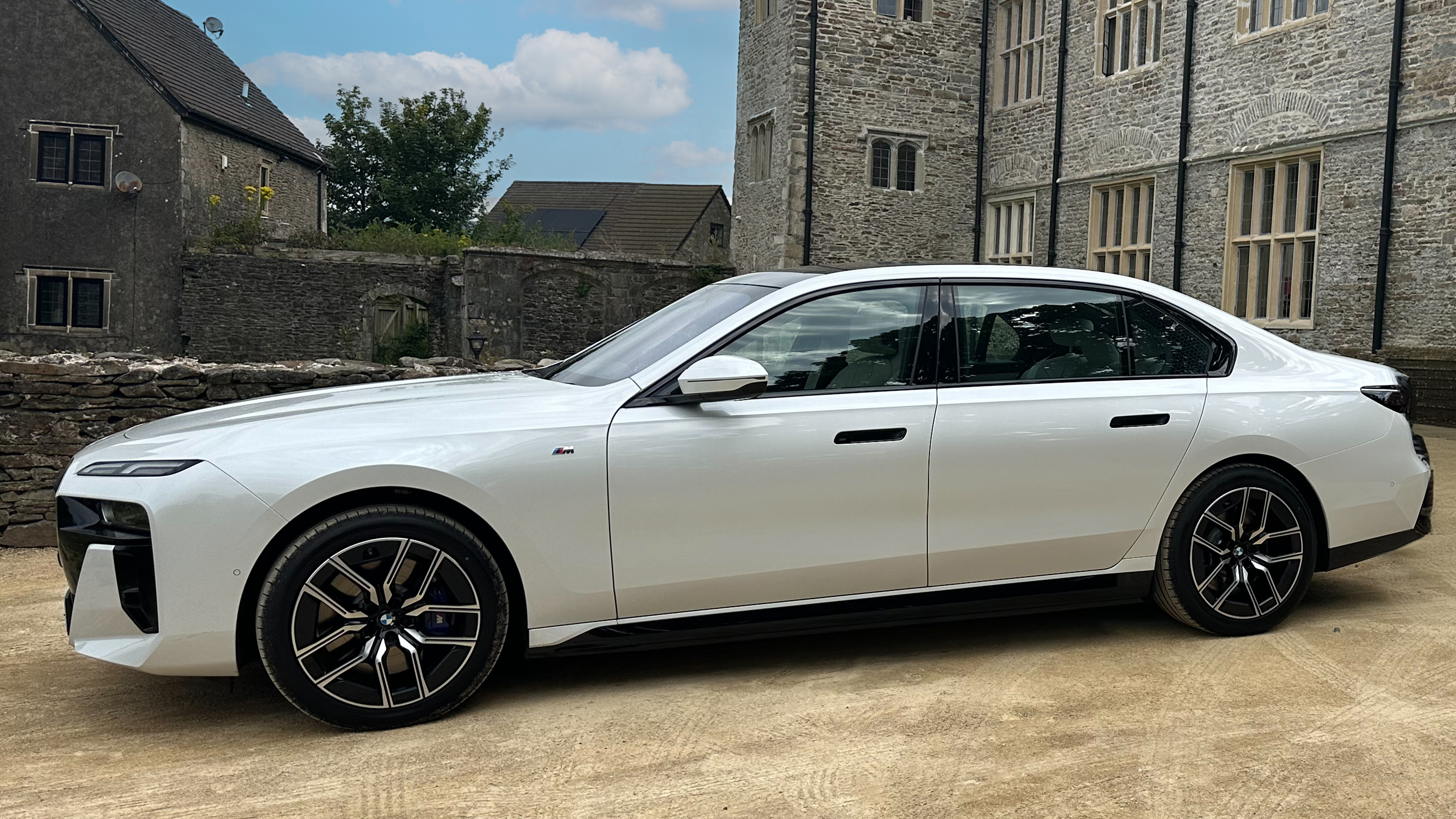 Left view of which Electric BMW i7 with Black and Silver Alloy Wheels