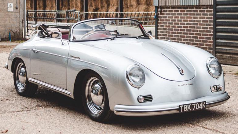 Right front view of classic Porsche 356 convertible in light silver