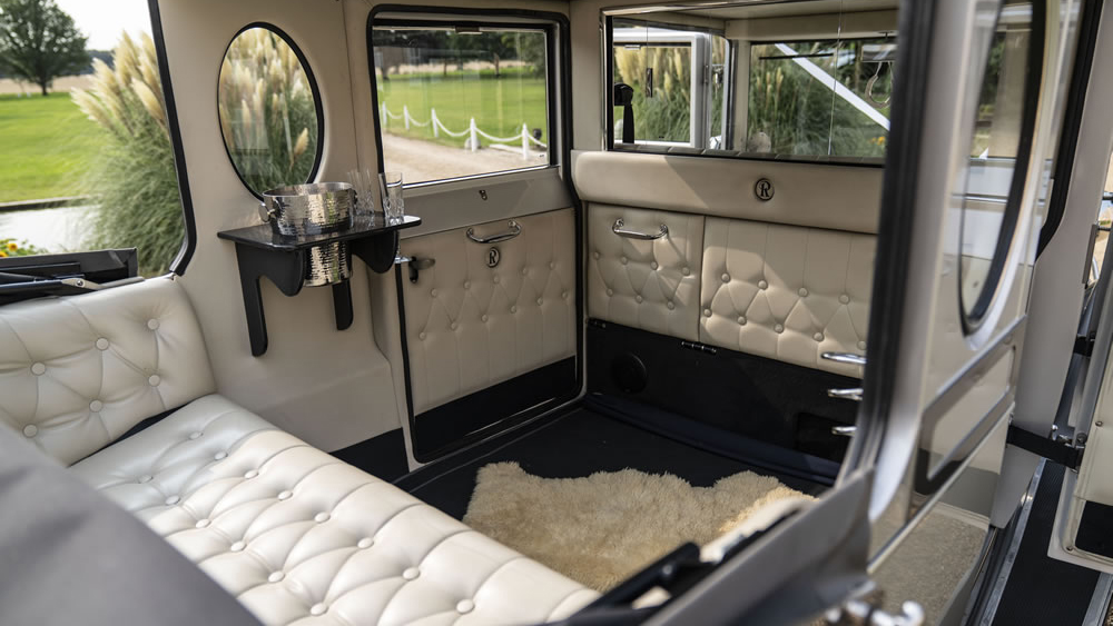 Cream leather interior inside vintage wedding car