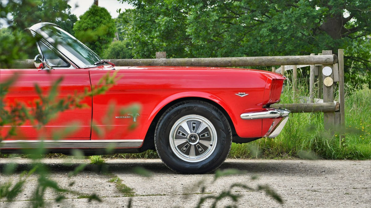 fron bonnet view of Red Mustang