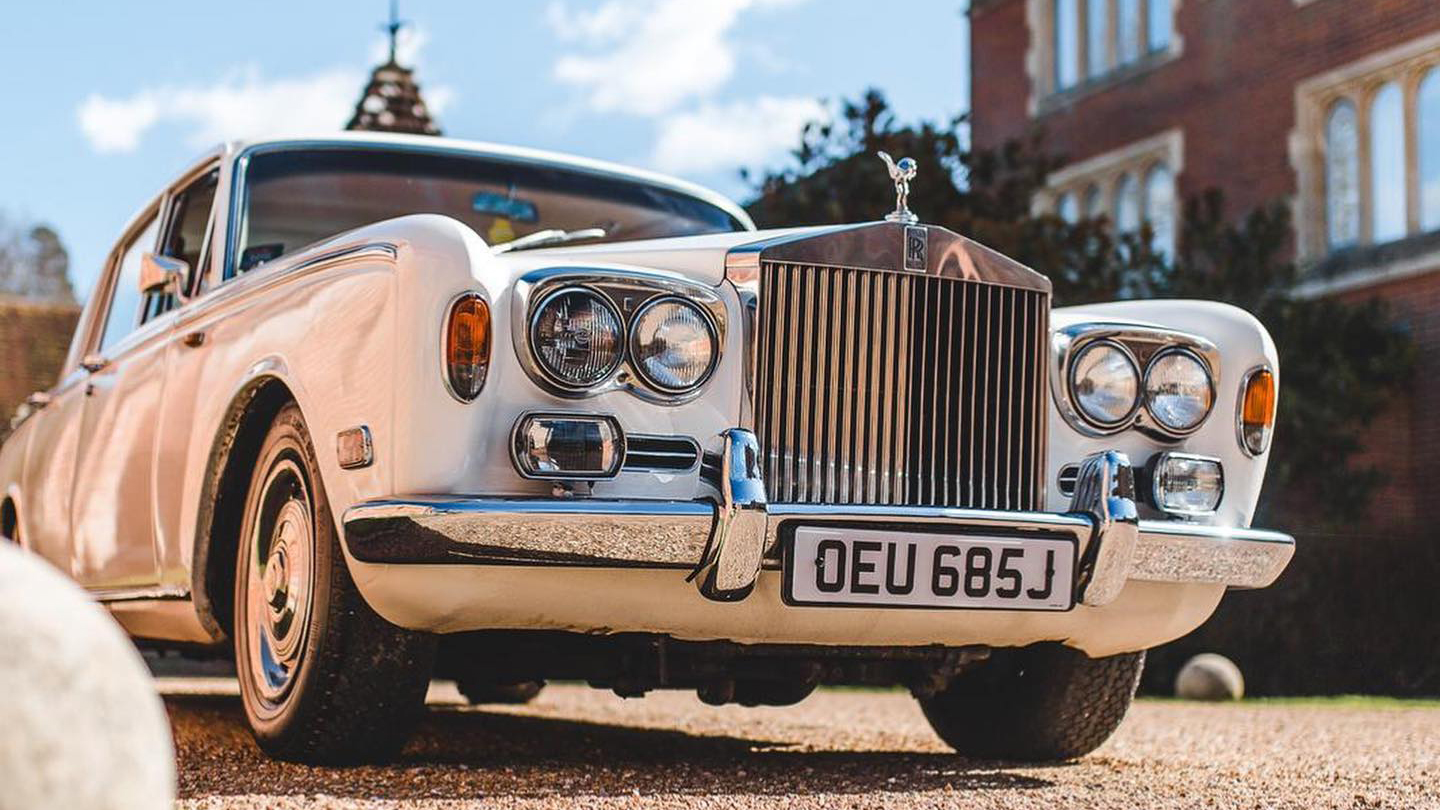 Close up view of front Chrome grill on Rolls-Royce silver Shadow wilth chrome bumper